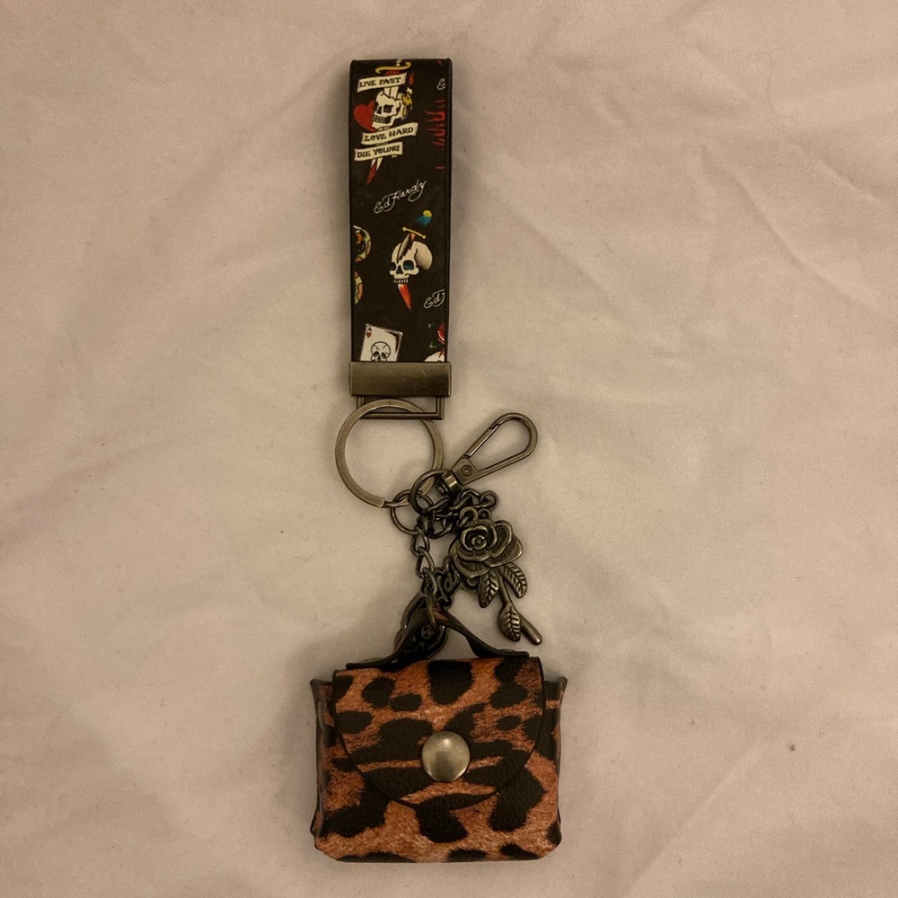 Ed Hardy Leopard Print Key & Card Holder with Floral Charm - Brown & Black